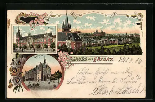 Lithographie Erfurt, Teilansicht, Post, Rathaus