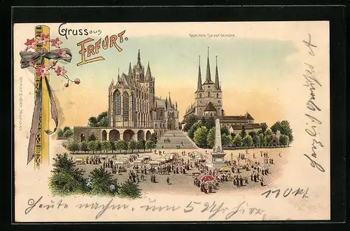 Lithographie Erfurt, Dom und Severikirche mit Denkmal