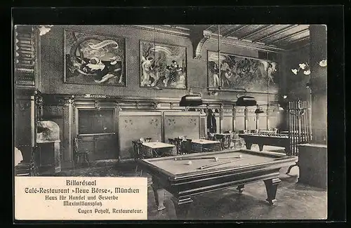 AK München, Café-Restaurant Neue Börse, Haus für Handel u. Gewerbe, Maximiliansplatz, Billardsaal, Innenansicht