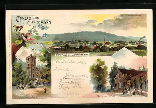 Lithographie Cunewalde, Berggasthaus, Aussichtsturm, Teilansicht m. d. Czorneboh