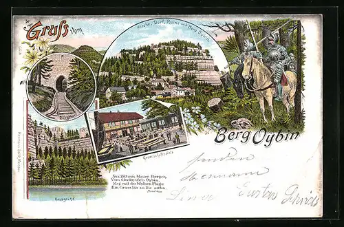 Lithographie Oybin, Gesellschaftsplatz mit Gartenwirtschaft, Kirche, Dorf, Ruine und Berg, Hausgrund