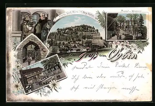 Lithographie Oybin, Gesellschaftsplatz mit Gartenwirtschaft, Kirche, Dorf, Ruine und Berg, Kreuzgang