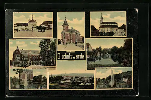 AK Bischofswerda, Bürgerschule, Partie im Friedrich August-Park, Markt und Rathaus