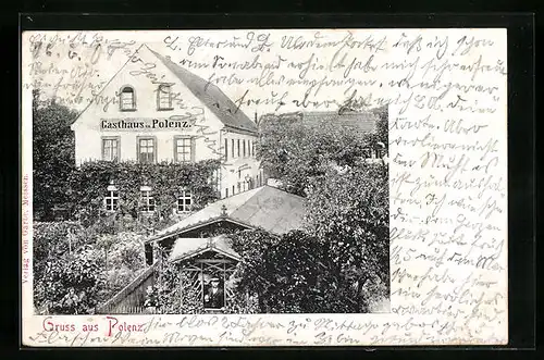 AK Polenz, Gasthaus, vom Garten gesehen, mit Nebengebäude