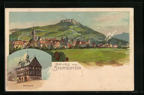 Lithographie Staffelstein, Totalansicht, Rathaus