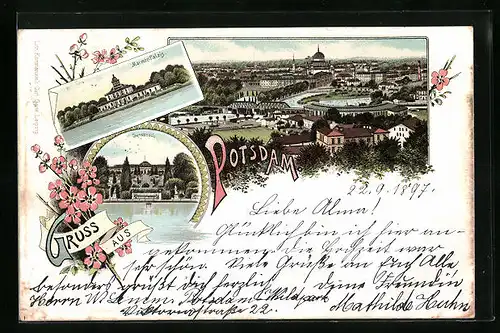 Lithographie Potsdam, Marmor-Palais, Sanssouci, Ortsansicht