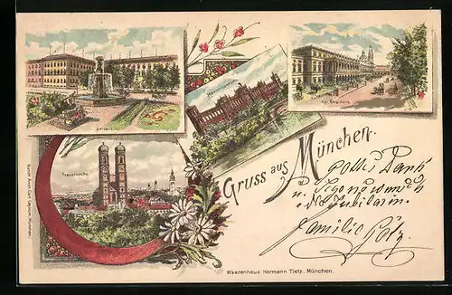 Lithographie München, Universität, Frauenkirche, Maximilianeum