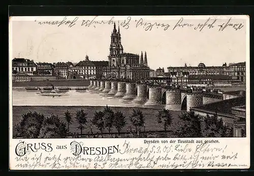 Lithographie Dresden, Teilansicht von der Neustadt aus