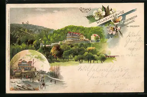 Lithographie Cossebaude-Niederwartha, Gasthaus Wilhelmsburg mit Umgebung und im Winter