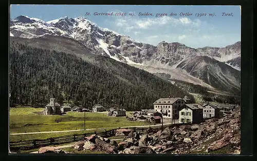 AK St. Gertraud-Sulden, Ortspartie mit Hotel gegen den Ortler