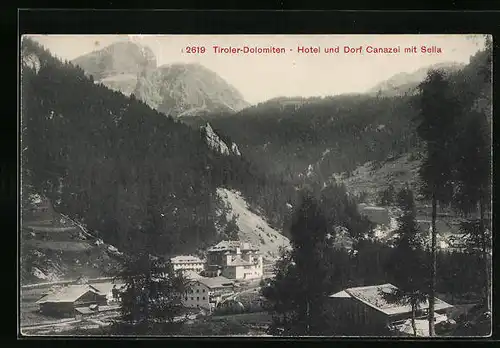 AK Canazei, Dorfansicht mit Hotel und Sella, Dolomiten