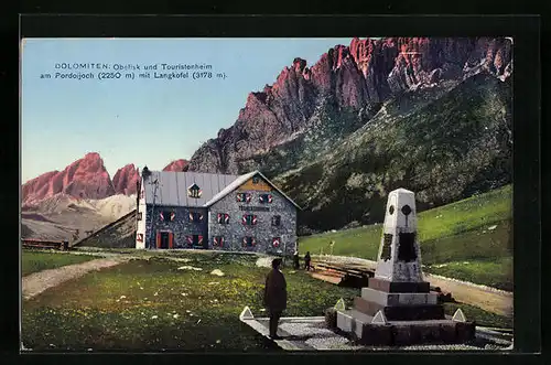 AK Pordoijoch, Obelisk und Touristenheim mit Langkofel, Dolomiten