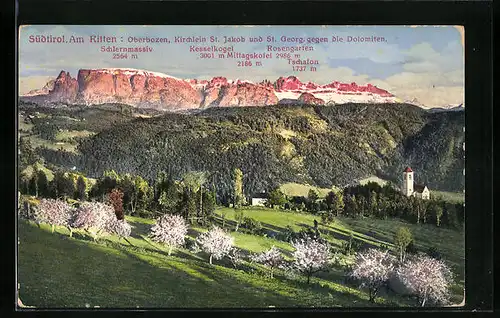 AK Oberbozen am Ritten, Kirchlein St. Jakob und St. Georg gegen die Dolomiten, Schlernmassiv, Kesselkogel u. Rosengarten