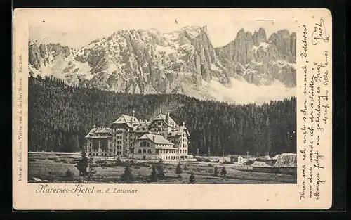 AK Karersee, Karersee-Hotel mit Latemar in den Dolomiten