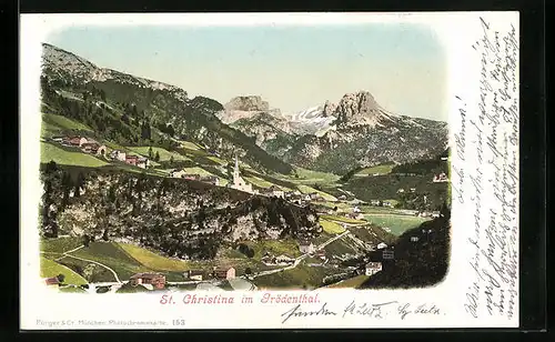 AK St. Christina /Grödenthal, Gesamtansicht mit Dolomitenspitzen