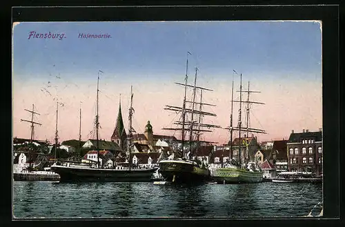 AK Flensburg, Hafenpartie mit Segelschiffen im Hafen
