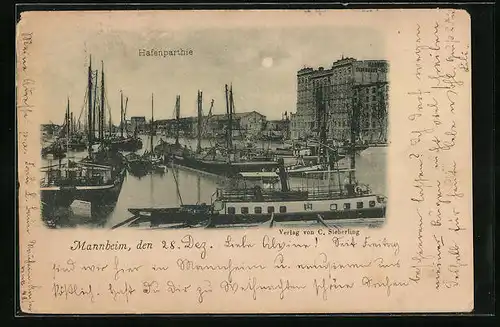 AK Mannheim, Hafenpartie mit Speicher und Segelschiffen, Vollmond