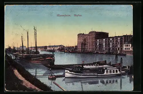 AK Mannheim, Der Hafen im Abendrot, Speicher, Dreimaster