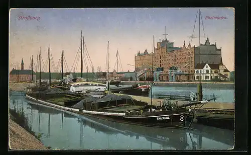 AK Strassburg, Frachtschiff Emil Mainz im Rheinhafen, Speicher