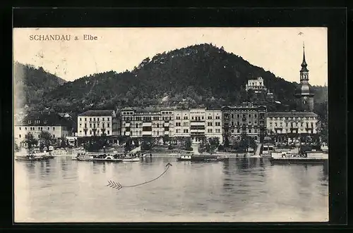 AK Schandau a. Elbe, Flusspartie mit Dampfern und Gasthaus Deutsches Haus