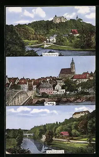 AK Penig, Ortspartie mit Brücke und Kirche