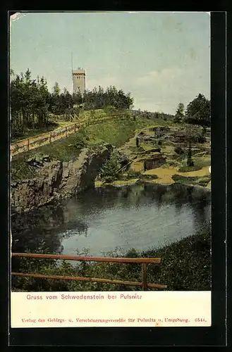 AK Schwedenstein bei Pulsnitz, Flusspartie mit Turm