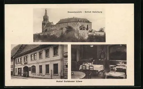 AK Osterburg /Th., Schloss Osterburg, Hotel Goldener Löwe - Strassen- und Innenansicht