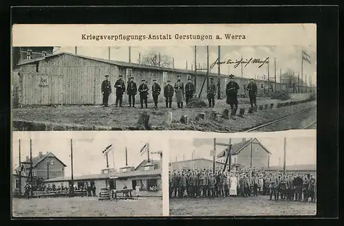 AK Gerstungen a. Werra, Kriegsverpflegungs-Anstalt - Soldatengruppe mit zivilem Personal, Baracken