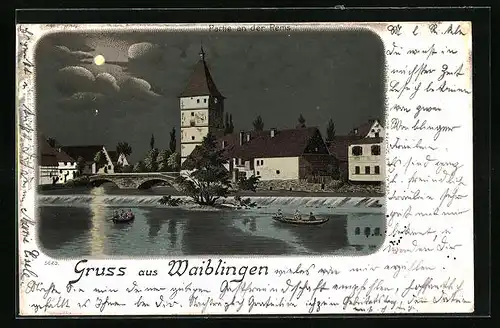 Mondschein-Lithographie Waiblingen, Ortspartie mit Brücke und Kirche bei Vollmond