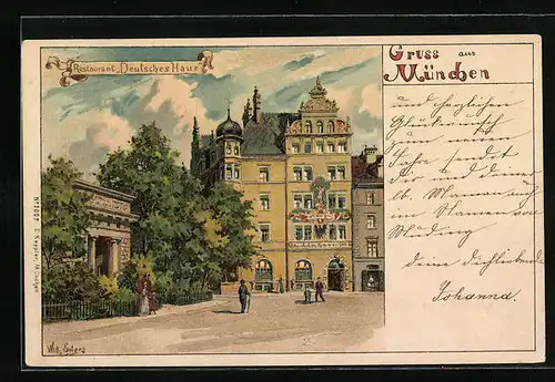Lithographie München, Restaurant Deutsches Haus - Strassenansicht mit Passanten