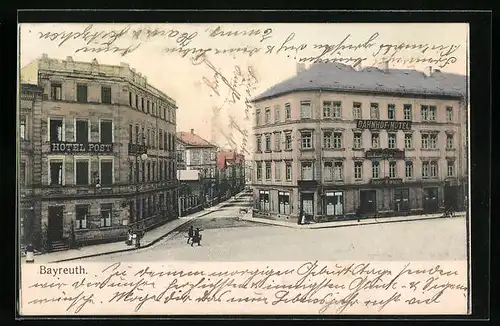 AK Bayreuth, Strassenpartie mit Hotel Post und Bahnhof-Hotel