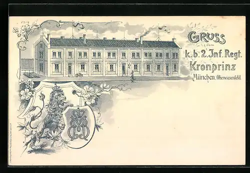 Lithographie München, Kaserne des k. b. 2. Inf. Regiment auf dem Oberwiesenfeld, Löwe, Wappen