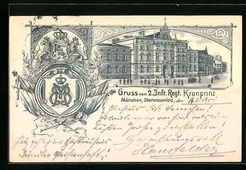 Lithographie München, Kaserne des k. b. 2. Inf. Regiment auf dem Oberwiesenfeld, Fahnen, Wappen