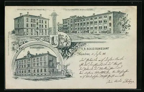 Lithographie München-Schwabing, K. B. Bekleidungsamt-Schuhmacher-Werkstätten, Verheiratheten-Wohnhaus, Dienstgebäude