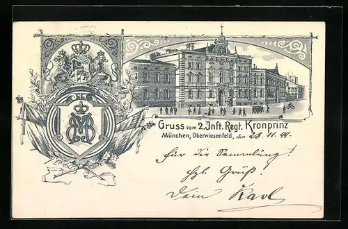 Lithographie München-Schwabing, Gebäude des 2. Inf. Regiment Kronprinz auf dem Oberwiesenfeld, Fahnen, Wappen