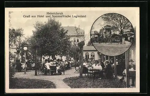 AK Heinrichsruh, Gasthaus Luginsland, Strassen- und Gartenansicht mit Gästen