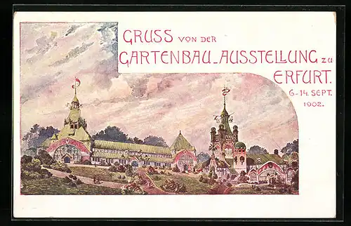 Künstler-AK Erfurt, Gartenbau-Ausstellung 1902 - Festgebäude und -gelände