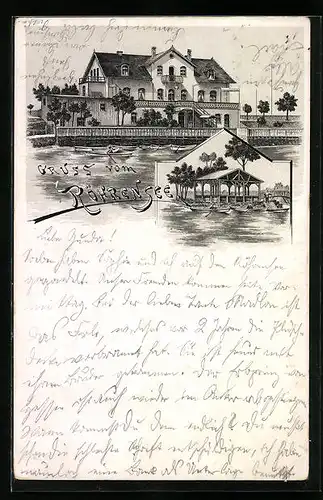 Lithographie Bayreuth, Gasthaus Röhrensee vom Wasser aus gesehen