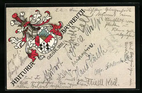 Künstler-AK Bayreuth, Abituria gegr. 1851, Per aspera ad astra, Absolvia mit Studentenwappen