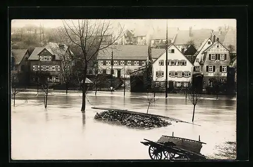 Foto-AK Waiblingen, Überschwemmte Strassenpartie nach dem Hochwasser 1919