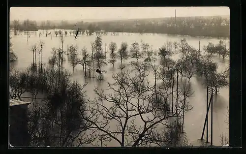 Foto-AK Waiblingen, Überschwemmte Ortspartie nach dem Hochwasser 1919 aus der Vogelschau