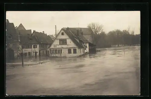 Foto-AK Waiblingen, Überschwemmte Strassenpartie nach dem Hochwasser 1919