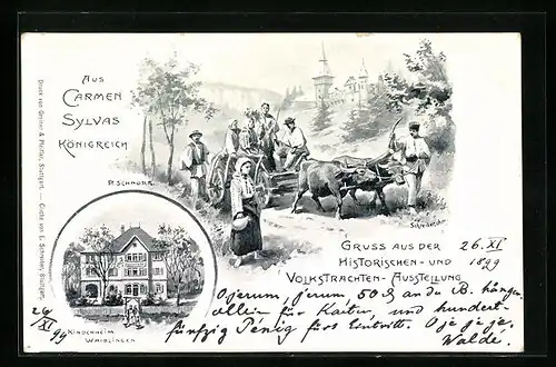 Lithographie Waiblingen, Historische- und Volkstrachten-Ausstellung 1899, Kinderheim Waiblingen
