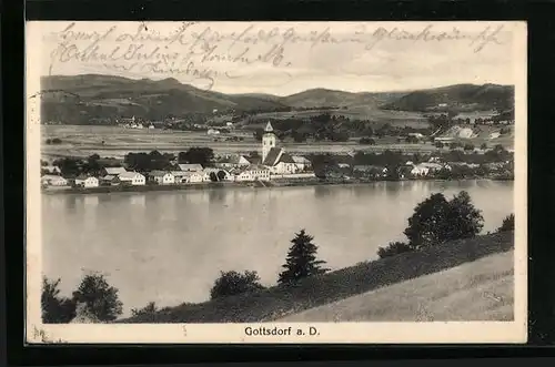 AK Gottsdorf a. D., Uferpartie mit Kirche