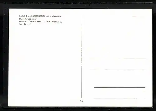 AK Meran, Hotel Garni Seisenegg, Gartenstrasse 1, Aussenansicht mit Judasbaum