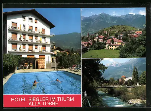 AK Merano, Hotel Alla Torre, Via Parrocchia 10, Hote mit Freibad, Partie an der Brücke, Ortsansicht, rückseitig Gedicht