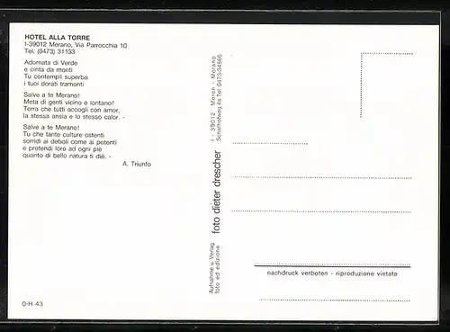AK Merano, Hotel Alla Torre, Via Parrocchia 10, Hote mit Freibad, Partie an der Brücke, Ortsansicht, rückseitig Gedicht