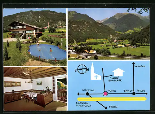 AK Mauls-Freienfeld, Pension Haus Ganterer, Ortsansicht vor Bergpanorama, Pool, Gastraum