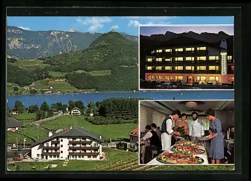 AK Kaltern a. d. Weinstrasse, Hotel Seeleiten, St. Josef am See, Ortsansicht aus der Vogelschau, am Hotel-Buffet