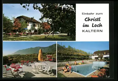 AK Kaltern, Pension Christl im Loch, Aussenterrasse, Freibad